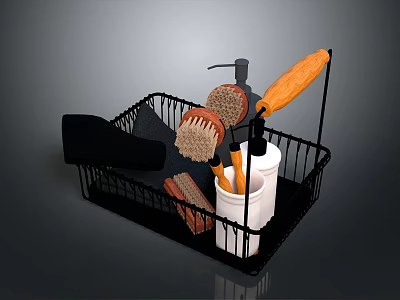 Kitchen Supplies Organizer Basket Black Metal Container With Brush Sponge Knife And Cup 3d model