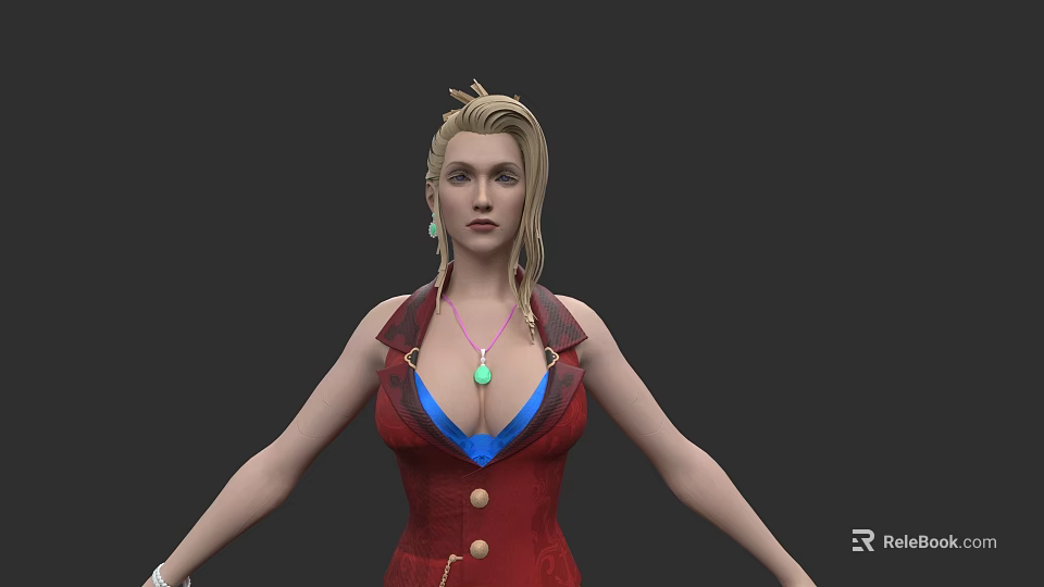 Woman With Blonde Hair Wearing Red Coat Blue Top Green Necklace And Earrings 3d model 