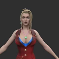 Woman With Blonde Hair Wearing Red Coat Blue Top Green Necklace And Earrings
