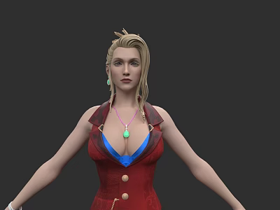 Woman With Blonde Hair Wearing Red Coat Blue Top Green Necklace And Earrings 3d model