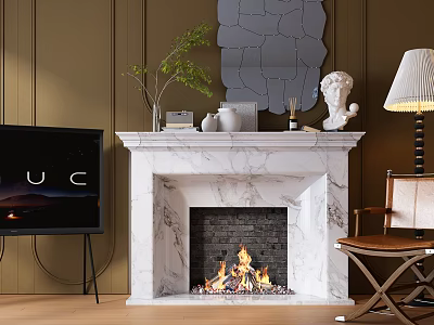 Marble Fireplace in Cozy Living Room With Sculpture Mirror and Plants 3d model