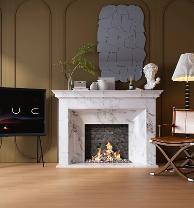 Marble Fireplace in Cozy Living Room With Sculpture Mirror and Plants 3d model