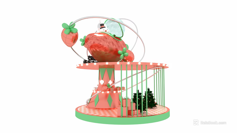 Strawberry Themed Rotating Structure With Decorative Lights And Small Christmas Trees On Pink Green Base 3d model