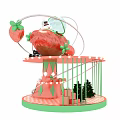 Strawberry Themed Rotating Structure With Decorative Lights And Small Christmas Trees On Pink Green Base 3d model