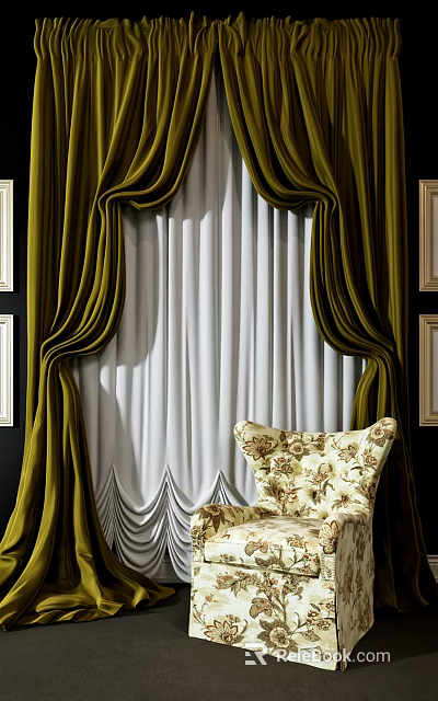 Luxurious Green Velvet Curtain With White Sheer Panel And Floral Armchair In Classic Interior 3d model 