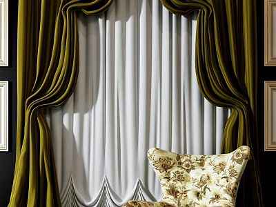 Luxurious Green Velvet Curtain With White Sheer Panel And Floral Armchair In Classic Interior 3d model