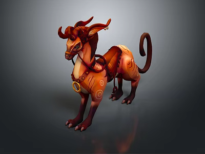 Mythical Fantasy Creature With Horns Patterned Fur And Decorative Saddle In Vibrant Orange Brown Colors 3d model