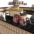 Modern Coffee Tea Bar With Hanging Shelves Glasses Coffee Beans And Stools