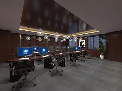 Modern Public Office Space With Wooden Ceiling Pendant Lights Workstations Office Chairs And Computer Monitors 3d model