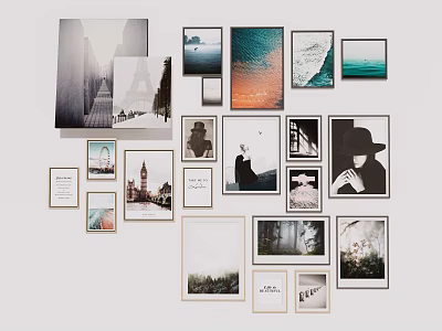 Creative Photo Wall Display With Various Frames City Landscapes And Nature Scenes 3d model