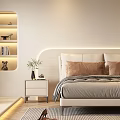 Modern Bedroom Interior With Upholstered Headboard Nightstands Pendant Lights Display Shelves And Geometric Rug