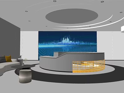 Modern Reception Area With Curved Desk Blue City Skyline Backdrop And Sofa 3d model
