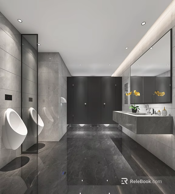 Modern Public Restroom With Gray Tiles Urinals Stalls Sink And Mirror Design 3d model 