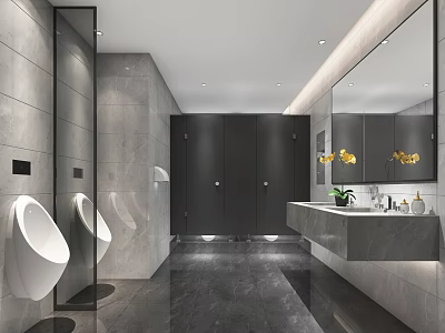 Modern Public Restroom With Gray Tiles Urinals Stalls Sink And Mirror Design 3d model
