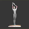 Woman In Black And White Leotard With Pink Sleeves Raising Hands On Circular Patterned Platform