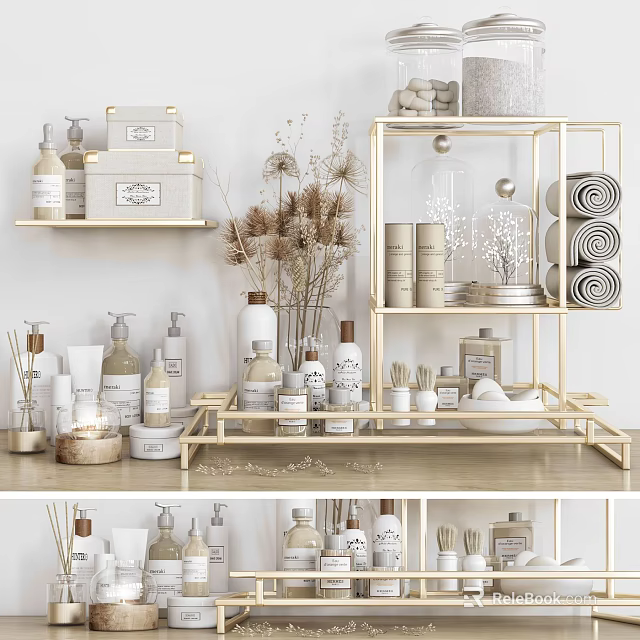 Bathroom Essentials Display With Golden Shelves Rolled Towels And Decorative Bottles 3d model 