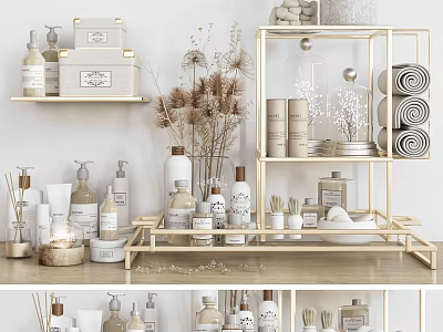 Bathroom Essentials Display With Golden Shelves Rolled Towels And Decorative Bottles 3d model
