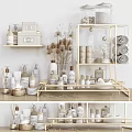 Bathroom Essentials Display With Golden Shelves Rolled Towels And Decorative Bottles