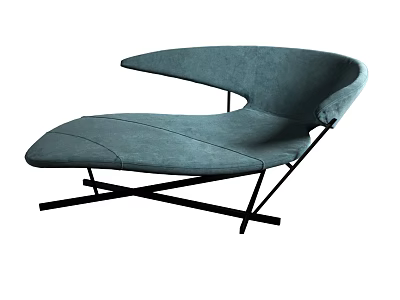 Modern Gray Blue Velvet Leisure Chair With Curved Backrest Armrests And Cross Metal Base 3d model