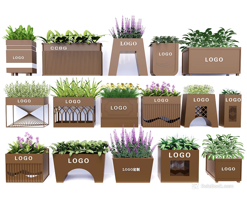 Different Style Flower Planters With LOGO Featuring Green Plants And Purple Flowers 3d model 