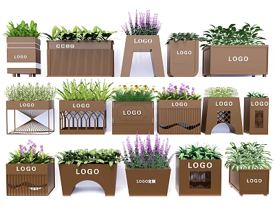 Different Style Flower Planters With LOGO Featuring Green Plants And Purple Flowers 3d model