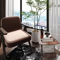 Brown Upholstered Single Sofa With Wooden Frame Side Table And Green Plant Near Window