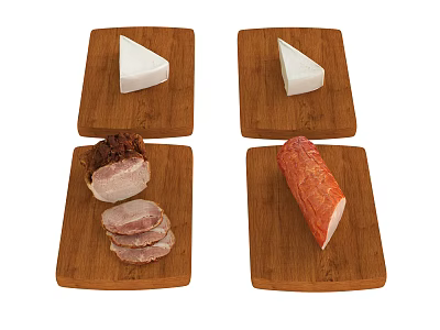 Fresh White Cheese Wedges and Sliced Meat on Wooden Cutting Boards 3d model