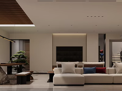 Modern Basement Living Room With White Sofa TV Wooden Ceiling And Green Plant 3d model