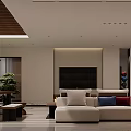 Modern Basement Living Room With White Sofa TV Wooden Ceiling And Green Plant