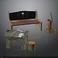 Vintage Rustic Furniture Collection Featuring Red Peeling Paint Bench Wooden Slat Table And Stump Stool