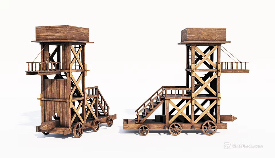 Ancient Wooden Siege Tower Weapon With Wheels Staircase And Platform Structure 3d model