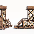 Ancient Wooden Siege Tower Weapon With Wheels Staircase And Platform Structure 3d model