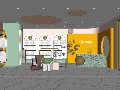 Chessart Boutique Interior With Arched Display Cabinets Yellow Walls And Marble Floor 3d model