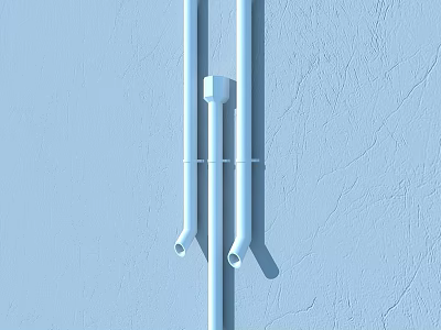 White Vertical Pipes On Light Blue Textured Wall With Connecting Elbow Fitting 3d model