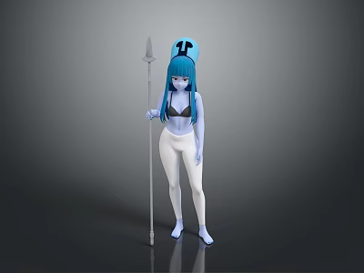 Children's Toy Figure with Blue Hair Hat Spear and White Tights 3d model