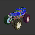 Blue Monster Truck With Large Tires And Chrome Wheels On Reflective Surface