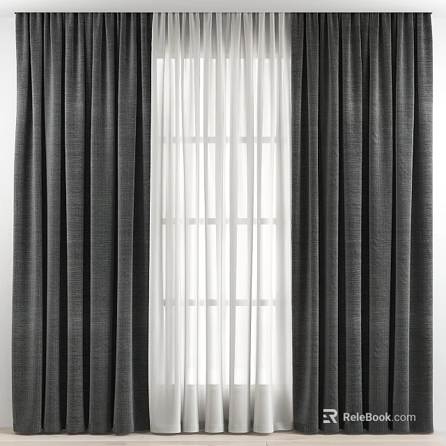 Stylish Dark Curtains With White Sheer For Window Treatment 3d model 