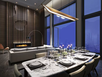 Elegant Modern Dining Table Set With Marble Top Dinnerware Candles And Mountain View 3d model