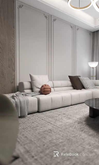 Modern Living Room Design With White Sofa Checkered Blanket Pillows Woven Ball And Floor Lamp 3d model 