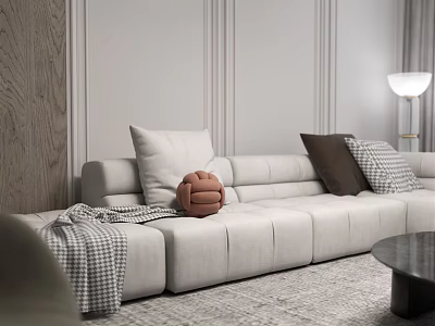 Modern Living Room Design With White Sofa Checkered Blanket Pillows Woven Ball And Floor Lamp 3d model