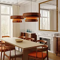 Elegant Dining Room Interior With Wooden Pendant Lights Orange Chairs Dining Table Fireplace And Mirror