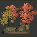 Cartoon Autumn Scene with Red and Yellow Trees Small House Path and Flower Bed