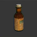 Vintage Wooden Side Table Displaying Brown Glass Bottle With Yellow Green Label