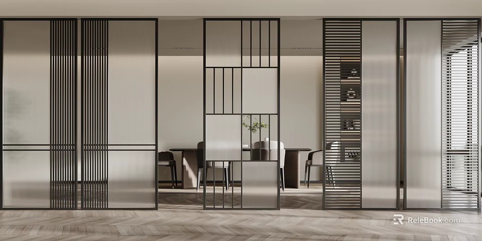 Modern Room Divider With Geometric Metal Frame And Glass Panels In Dining Area 3d model 