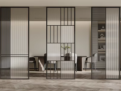 Modern Room Divider With Geometric Metal Frame And Glass Panels In Dining Area 3d model