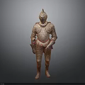 Medieval Armor 3D Model With Gold Red Intricate Patterns Standing Pose And Gray Gradient Background