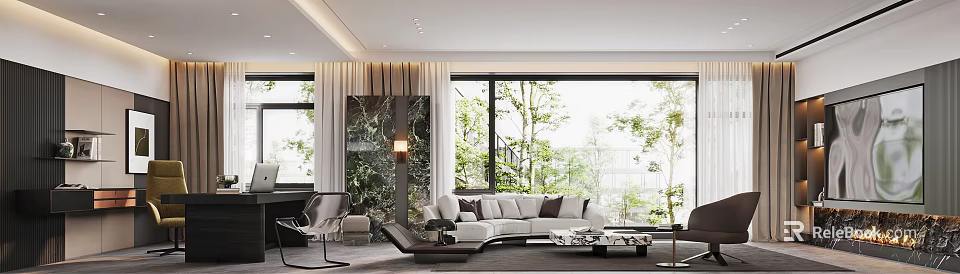 Modern Open Living And Dining Area With Sofa Natural Light Through Large Windows 3d model 