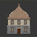Traditional Two Story Residential Building With Red Tile Roof Brick Exterior Multiple Windows And Chimneys