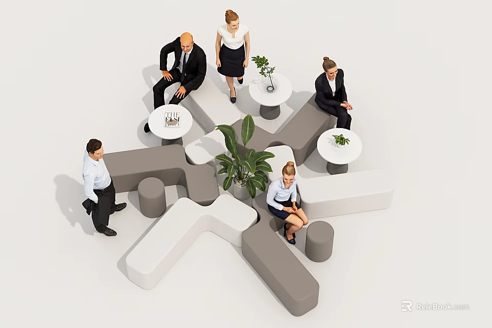 Modern Gray and White Geometric Public Chair with Business People Green Plant and Small Tables 3d model 