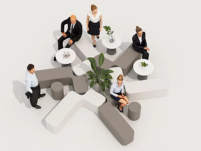 Modern Gray and White Geometric Public Chair with Business People Green Plant and Small Tables 3d model